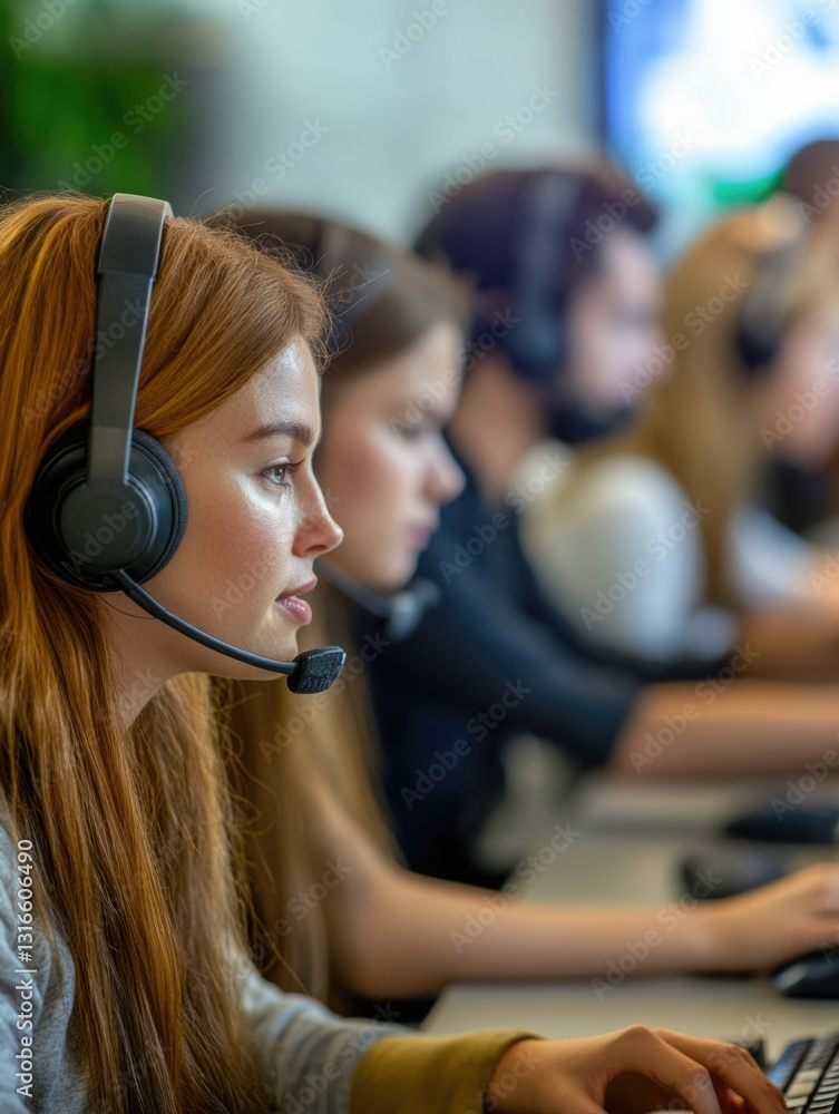 Poster workers in a modern office environment, each at their computers with headphones, engaging in tasks t