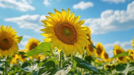 Radiant sunflower field basking under a serene blue sky dotted with clouds