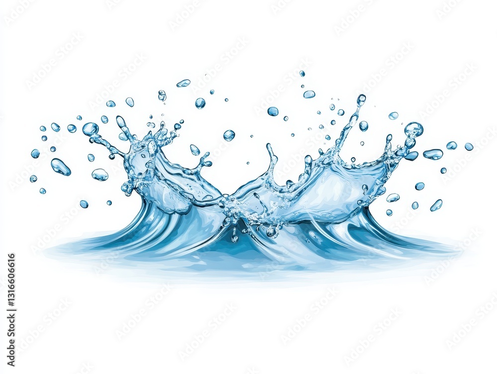 Poster splashing water droplets creating waves in a serene, white background setting