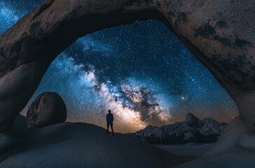Celestial Embrace: A solitary figure stands beneath a natural rock arch, gazing at the breathtaking panorama of a star-studded night sky, highlighting a sense of wonder and perspective.