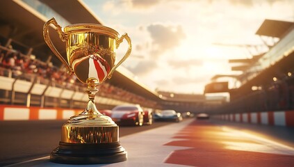 Golden Trophy on Race Track Championship Winning, Motorsport Success Image