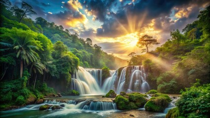 A high-resolution image: majestic waterfall cascades through a lush forest under a cloudy sky.