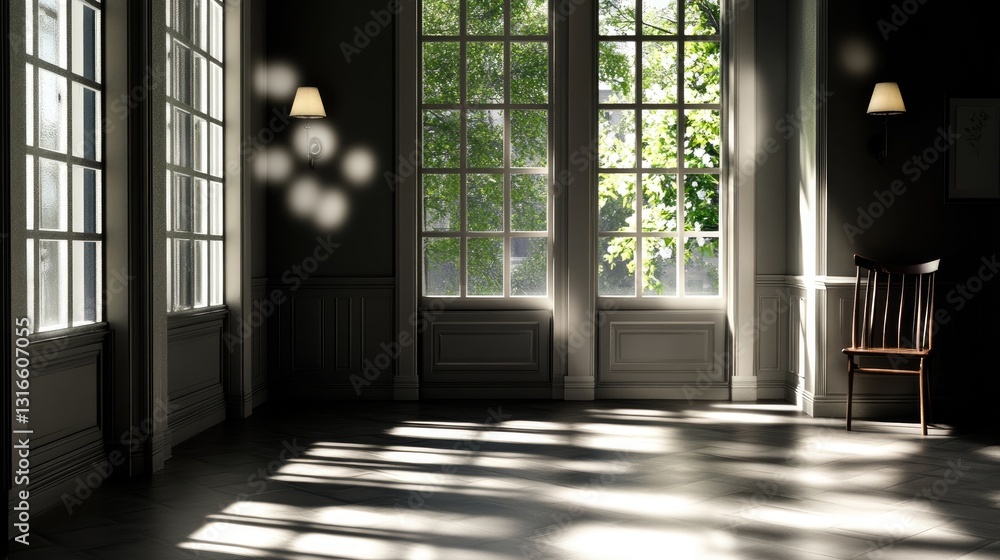 Poster bright empty room with windows and shadows in natural light