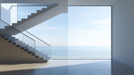Obraz premium Modern staircase ascending to a vast ocean view through large window, bright interior