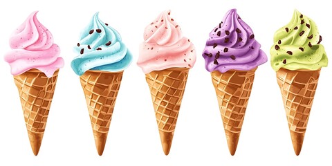 Delicious Ice Cream Cones Five Flavors, Sweet Treats, Summer Delights