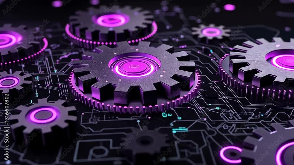 Poster futuristic technology gears with neon purple lights and circuit patterns representing innovation and