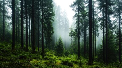 Fototapeta premium Misty Forest Landscape with Tall Trees and Lush Green Underbrush