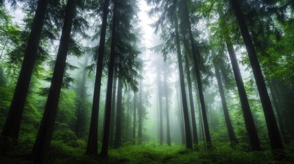 Mystical Forest with Fog and Tall Trees in Soft Natural Light