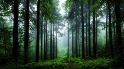 Fototapeta premium Misty Forest Landscape with Tall Trees and Green Underbrush
