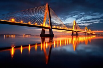 Obraz premium A sleek bridge illuminated by golden lights, casting a perfect reflection on the water below