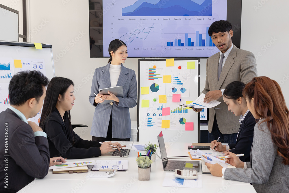 Aufkleber group of business people working together with dashboard analysis and data management a meeting tabl