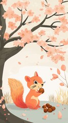 An orange squirrel is eating nuts under a blossoming tree
