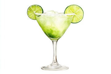 A refreshing green cocktail garnished with lime slices, served in a stylish glass, perfect for summer enjoyment.