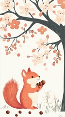 A cute squirrel collecting nuts under a blossoming tree branch