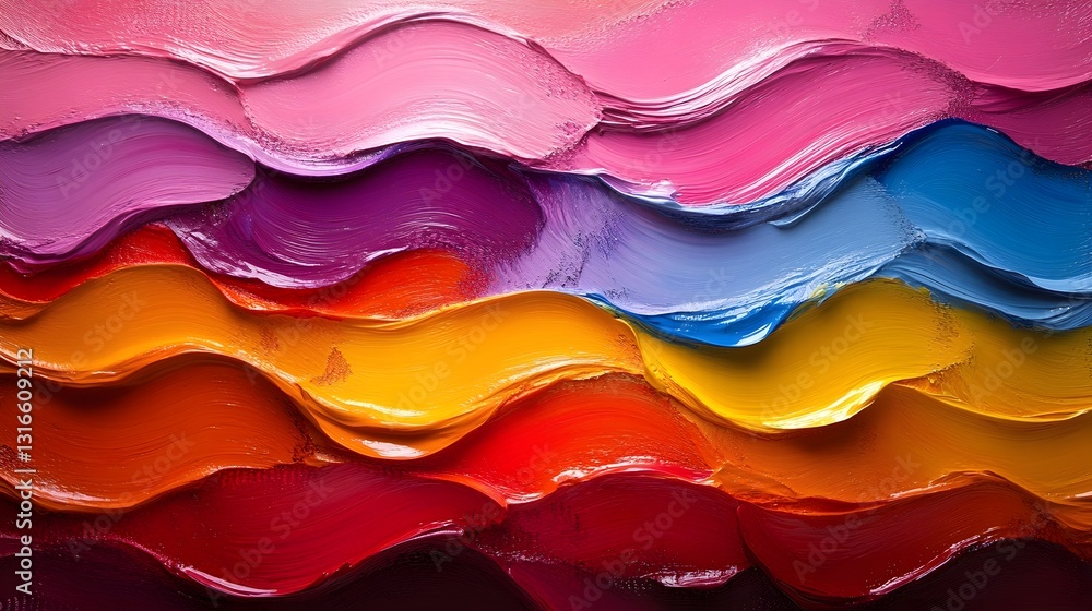 Poster vibrant layered acrylic texture with abstract gradient mountain landscape backdrop