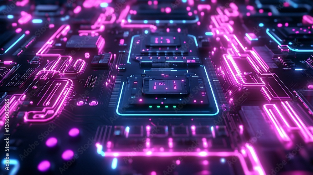 Poster neon-lit central processing unit displaying active circuits on a dark motherboard background