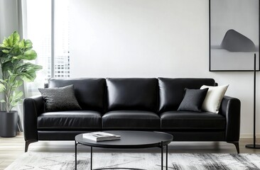 Modern black leather sofa in minimalist living room. (1)
