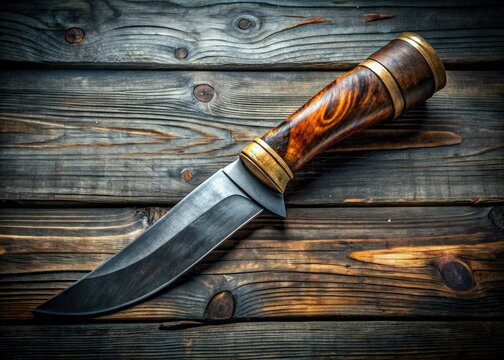 A weathered khukri knife rests on grey wood, a rustic still life.