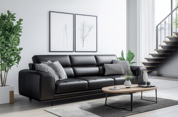 Modern black leather sofa in minimalist living room.