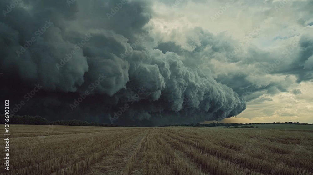 Poster a stormy sky with dark clouds and a large cloud in the middle. the sky is filled with dark clouds an