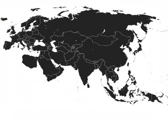 Black and White Eurasia Map with Country Borders on White Background