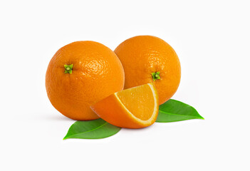 Fresh group of oranges with leaves and orange slice isolated on white background