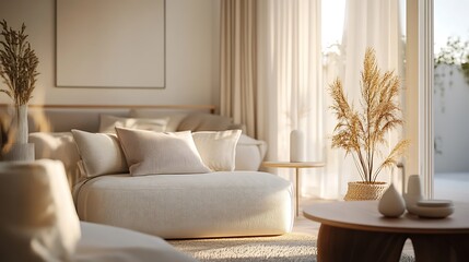 Fototapeta premium Minimalist Bedroom Interior with Neutral Tones, Stylish Seating, Natural Light, and Decorative Plants for Relaxation and Tranquility.