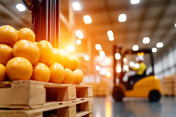 In a well-lit warehouse, workers are busily stacking fruit crates on pallets as a forklift lifts a prepared stack. Bright lighting enhances the organized chaos of the bustling environment