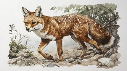 Red fox walking, rocky terrain, woodland background