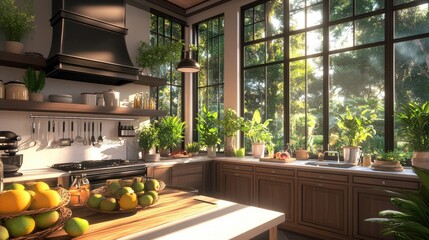 Fototapeta premium Bright and Airy Kitchen with Abundant Natural Light and Greenery