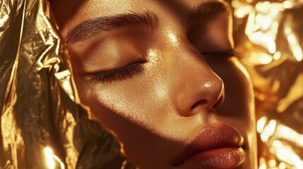 A close-up of a peaceful face framed by shimmering golden material reflects warmth and tranquility. Soft shadows enhance the natural beauty and highlight glistening features