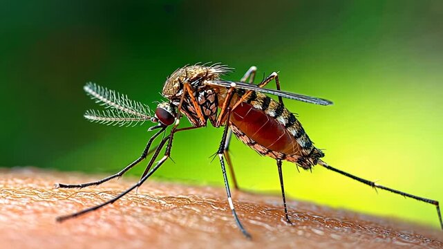 Macro Photography of a Mosquito Feeding on Human Skin