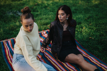 Two young women enjoy a relaxing moment on a colorful blanket in the park, creating a peaceful and stylish atmosphere amidst vibrant greenery.