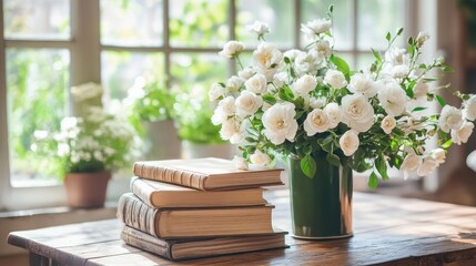 Fototapeta premium Cozy Reading Corner with Classic Books and Fresh White Flowers