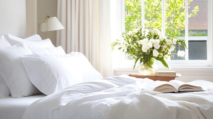 Bright and Airy Bedroom with Cozy Bedding and Flower Arrangement