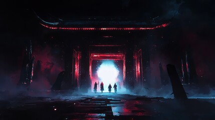 Sleet and Neon Haze Surrounding a Mysterious Ancient Temple