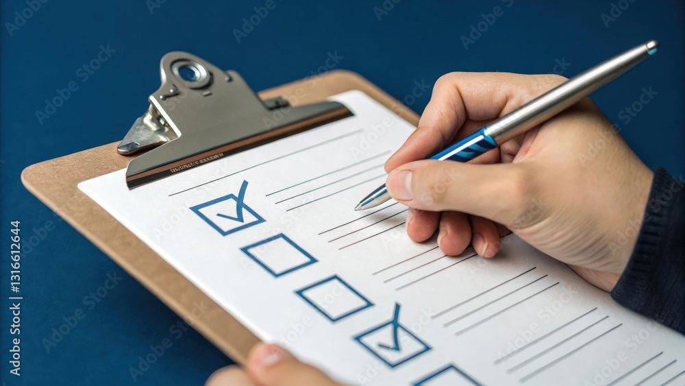 Poster a hand holding a pen marks checkboxes on a clipboard, indicating organization and task completion.