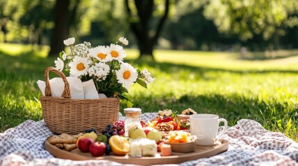 Picnic Spread with Fresh Food and Flowers in Vibrant Green Park
