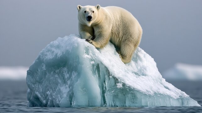 A large white polar bear ascending a frozen iceberg in the Arctic sea. The image highlights the majestic and vulnerable species that depend on the rapidly changing environment.
