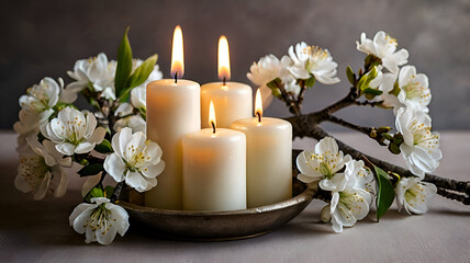 candle and flowers, burning candles with white blooming tree branch