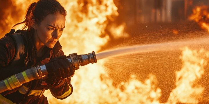 Strong woman in firefighting gear operating a hose to combat large fires.
