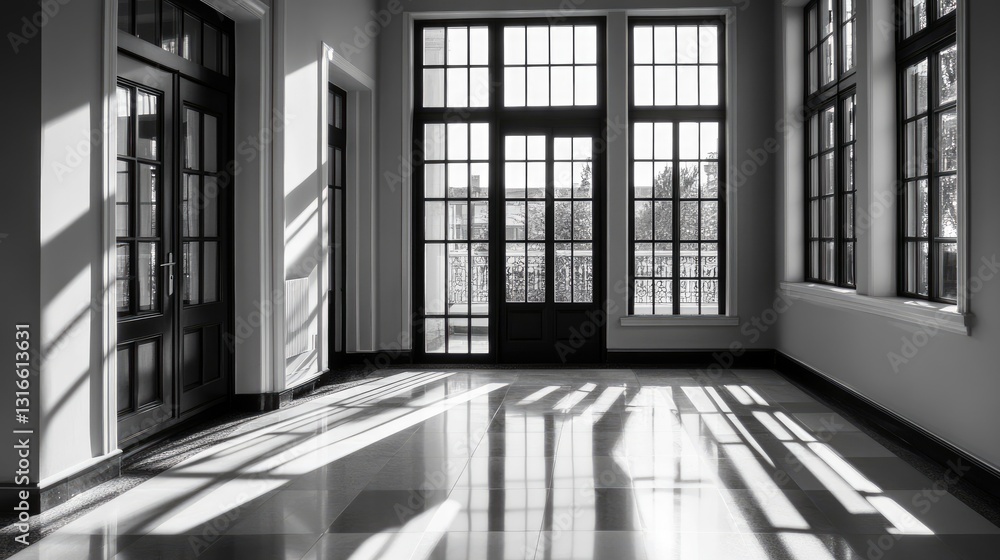 Poster light play in empty room with large windows and clean floors