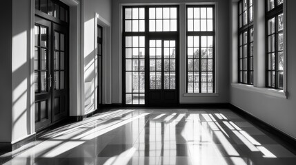 Obraz premium Light Play in Empty Room with Large Windows and Clean Floors