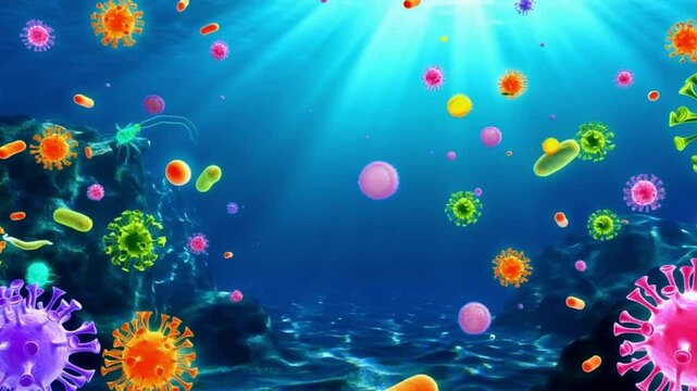 ia generated. cell and virus aquarium. underwater world map
