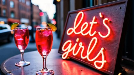 Bold positive pink neon lights sign Let's Go Girls text tropical cocktails modern party nightlife club bar fun drinks banner design background restaurant promo bachelorette hen night birthday drinking