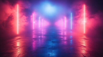 Abstract Artwork with Neon Light Vertical Bars, Tunnel