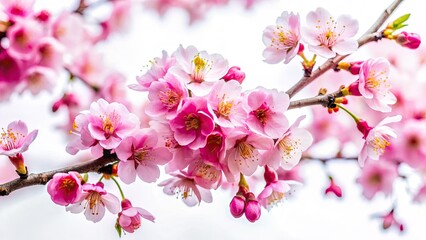 Obraz premium Delicate pink cherry blossoms burst forth against a stark white backdrop, capturing the fleeting beauty of spring's urban bloom.