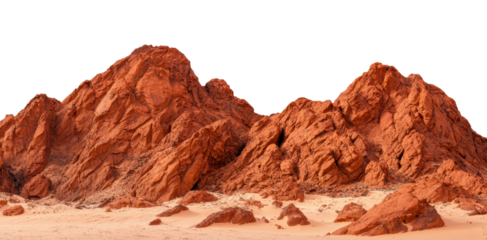 Red rocky mountain landscape in an arid desert with rugged formations and eroded surfaces. The dry terrain features jagged peaks and scattered boulders. Isolated on transparent background, png.