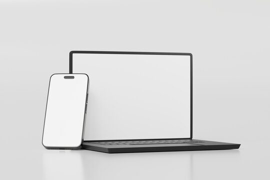 Minimal Realistic laptop with smartphone mockup isolated on white background. laptop and smartphone with blank screen for mockup advertising. 3d render.