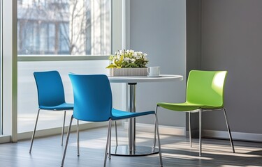 Modern bright office break room with chairs and table.